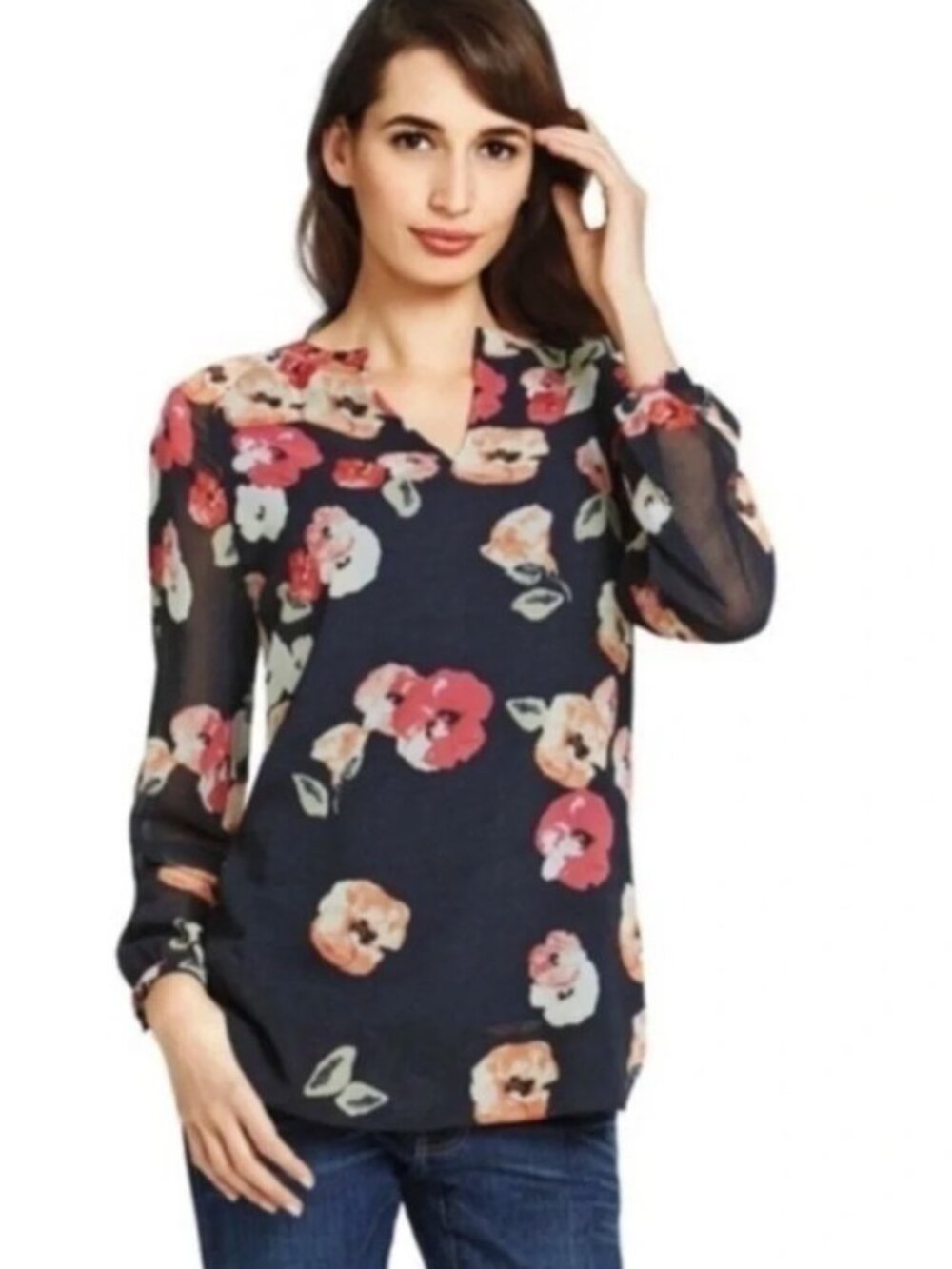 Cabi Navy With Pink Florals Blouse